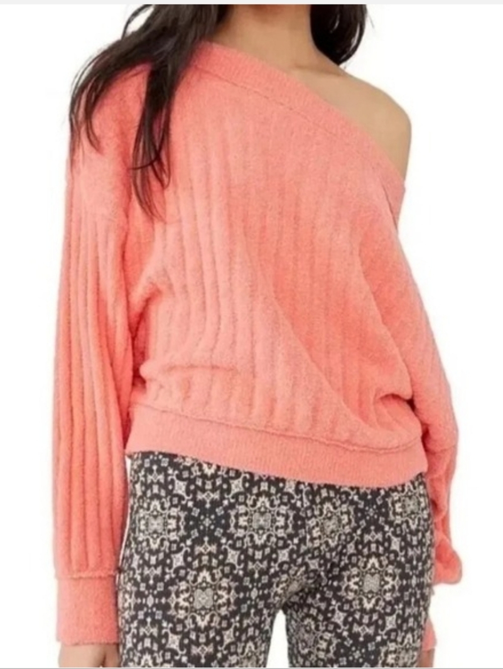 Free People Cabin Pullover Ribbed Off Shoulder Sweater Coral Size Large